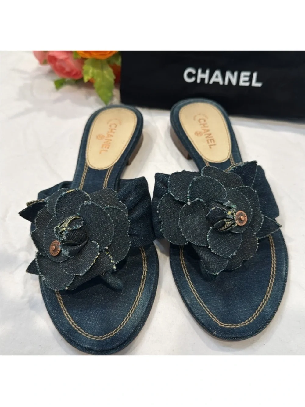 Authentic  CHANEL Dark Blue Denim Slide Sandals with Flower Design